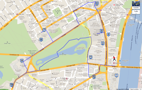 Westminster walk start and finish map